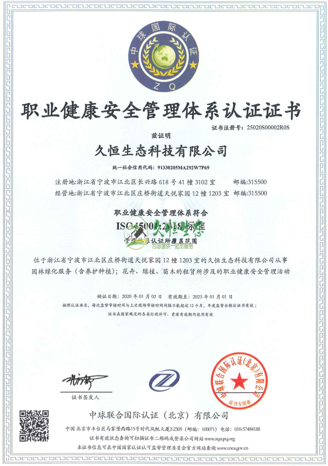 南京建邺职业健康安全管理体系ISO45001证书